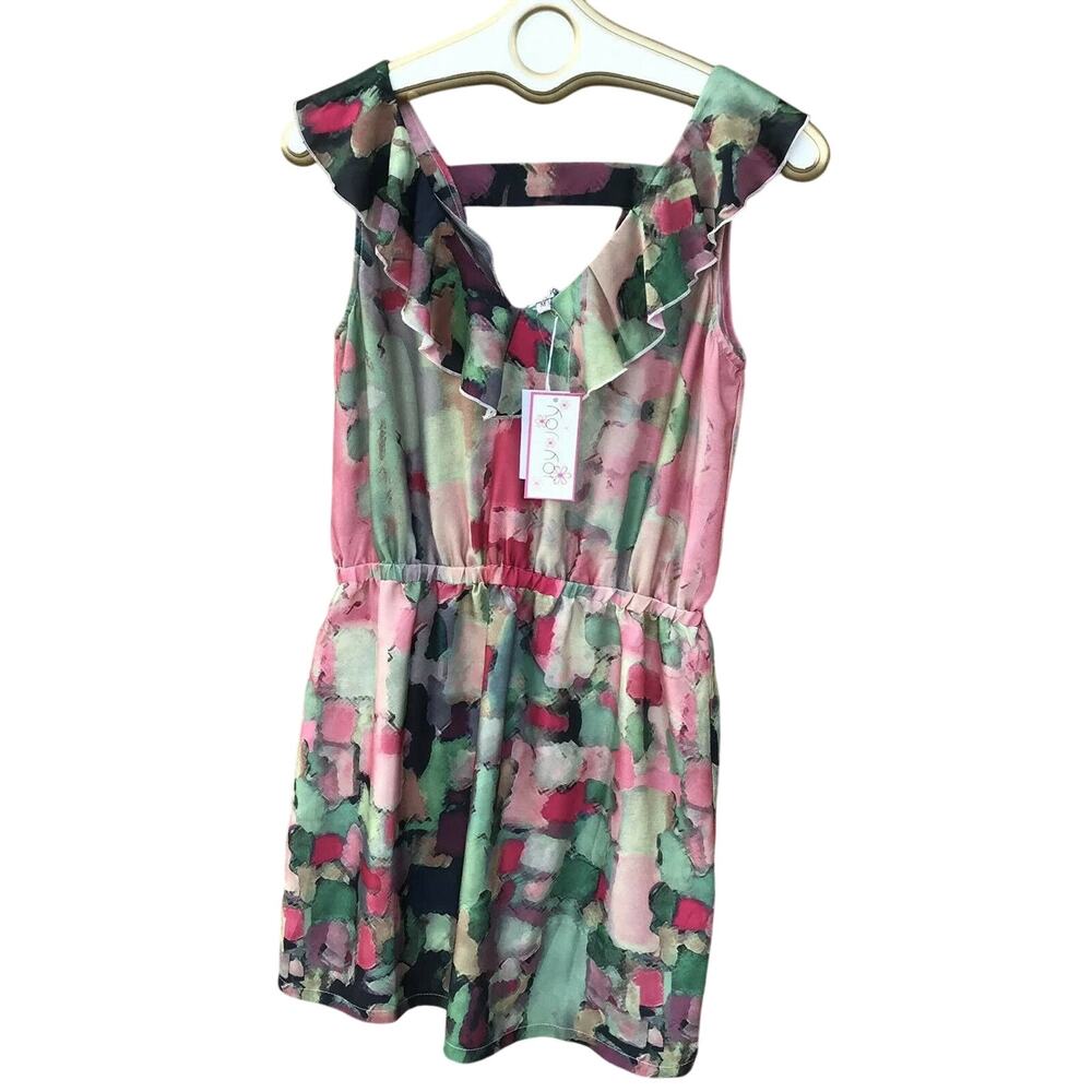 joy Joy Women's Sleeveless Ruffle neck Mini dress Sz M Multicolor